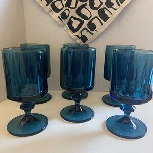 Vintage Colony Nouveau Riviera Blue Glass Water Goblets Set Of 6 MCM 8 oz